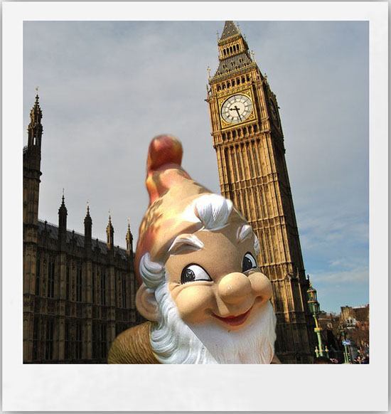 Garden gnome making a selfie in front of London's Big Ben
