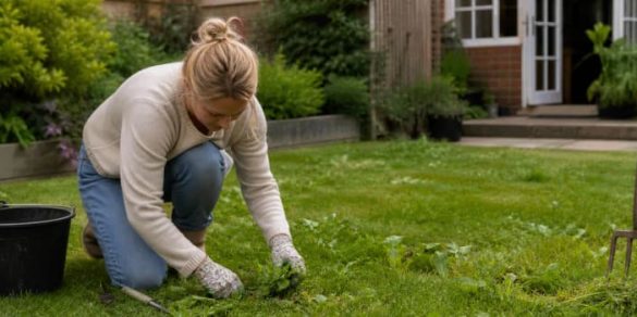 Illustration representing how to get rid of a lawn full of weeds uk