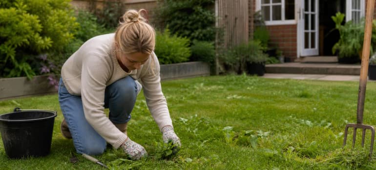 Illustration representing how to get rid of a lawn full of weeds uk