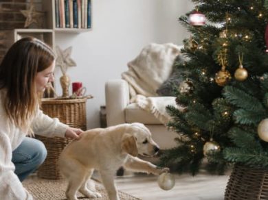 Illustration representing how to keep puppy away from christmas tree